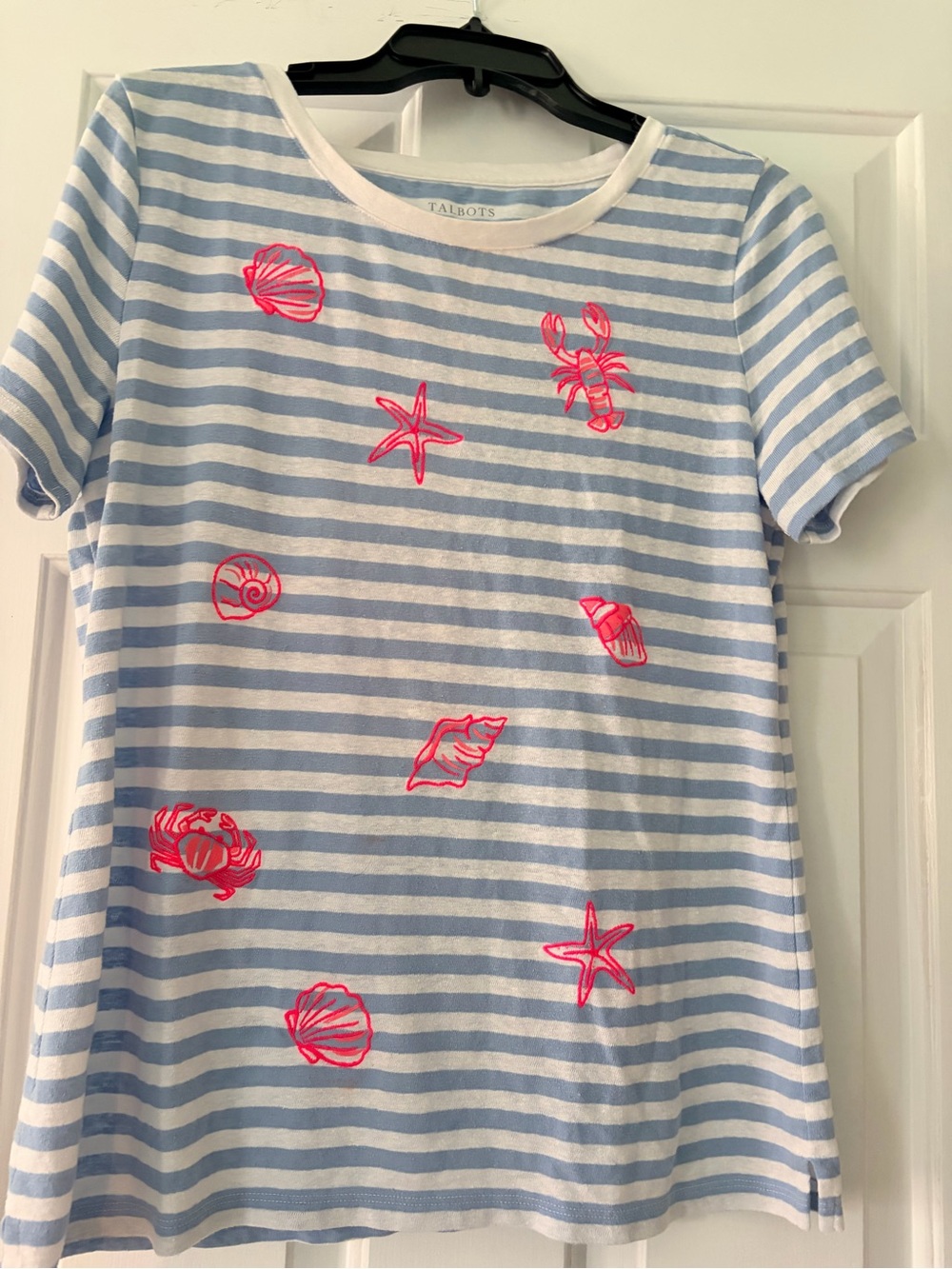 Talbots Blue & White Striped Tee with Neon Pink Sea Motifs